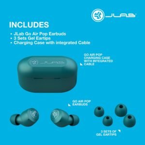 jlab go pop+ true wireless earbuds, in ear headphones, bluetooth earphones, ear buds with 32h playtime, bluetooth earbuds with microphone, usb charging case, dual connect, eq3 sound, black
